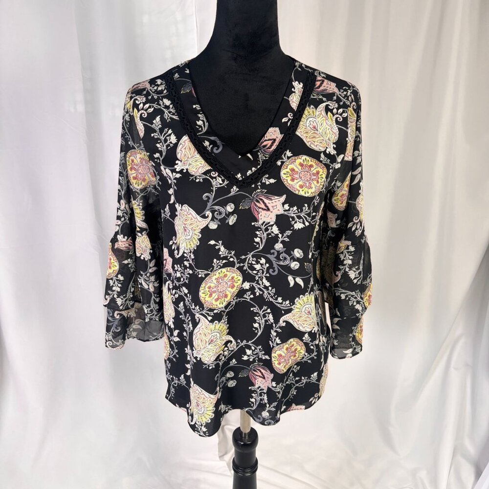 Cato Black Tunic Top, 3//4 sleeves, sheer, Boho-Chic, Size Small, EUC